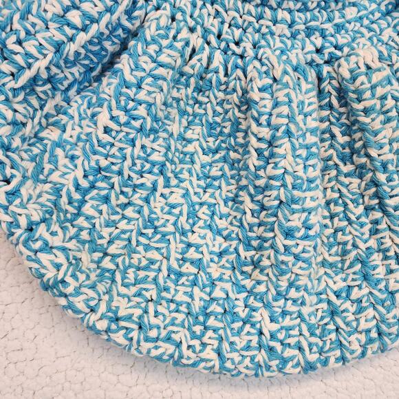 Crochet Market Bag Blue White Floral Detail Two Handle Handmade Boho Hippie - Picture 5 of 10